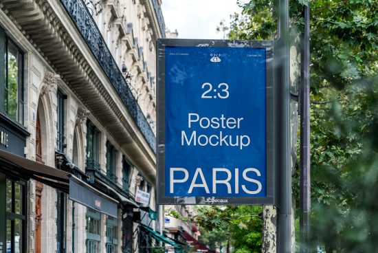Outdoor poster mockup on Parisian street with clear blue signage against urban backdrop for realistic design presentations.